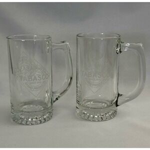 2 pk Tabasco etched glass BEER Mug Handled Stein 2 sided Diamond logo Heavy base